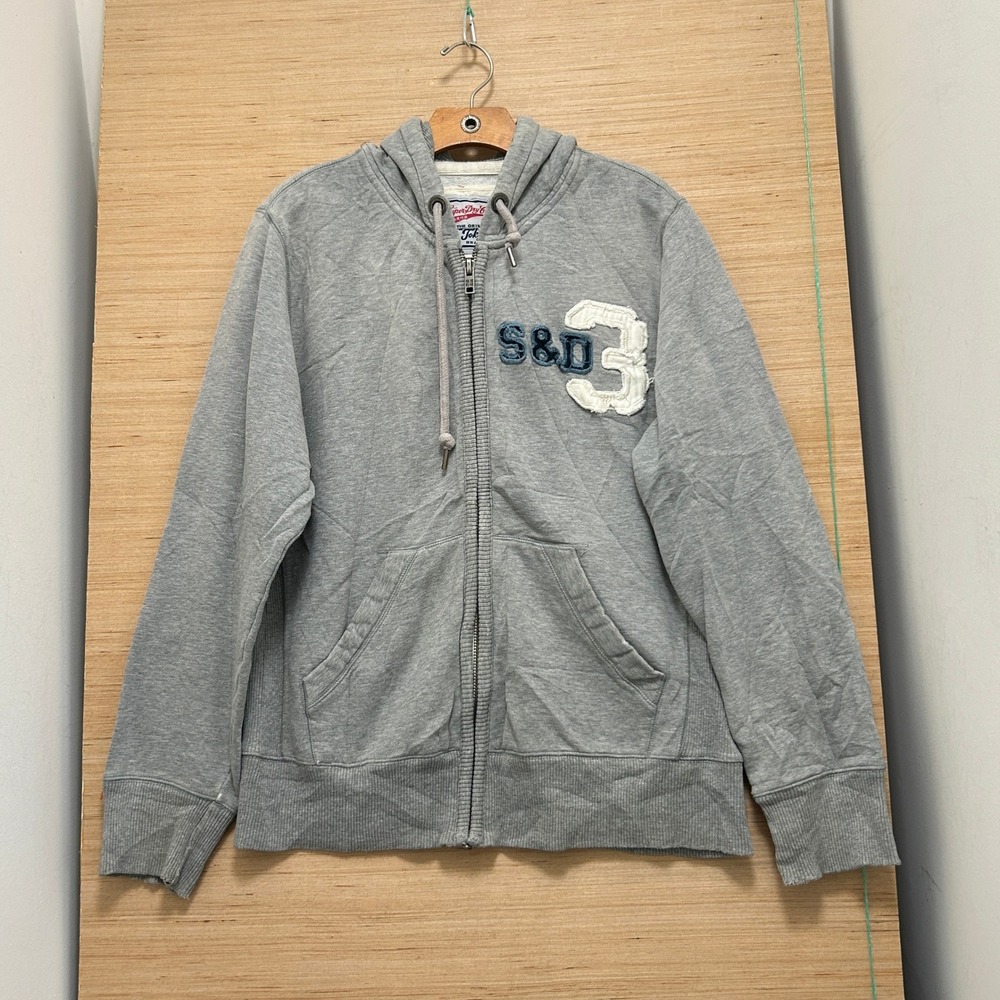 Superdry Double Black Label Grey Full Zip Hoodie Chenille Patch XL